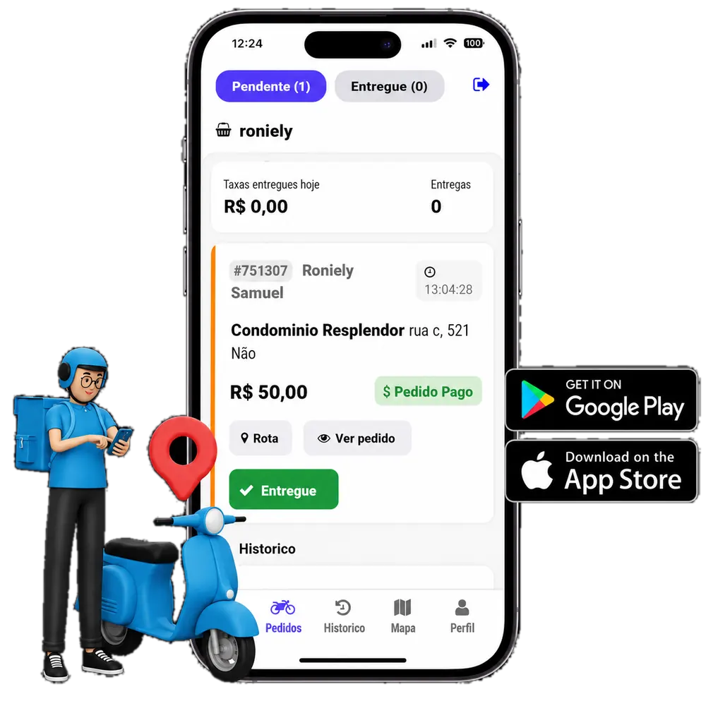 Painel do motoboy com pedidos e entregas